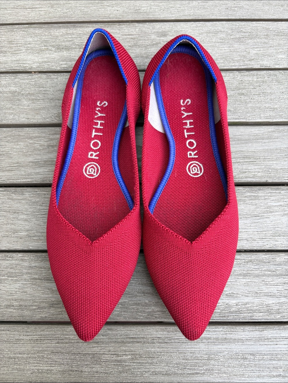 Rothy's Red Pointed Knit Flats with Blue Trim